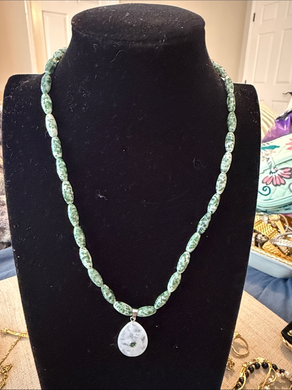 Green Beaded Necklace with Silver Teardrop Pendant - Women Jewelry